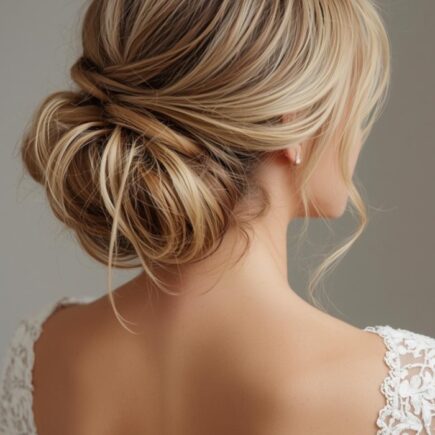 Bride with soft textured updo and loose tendrils