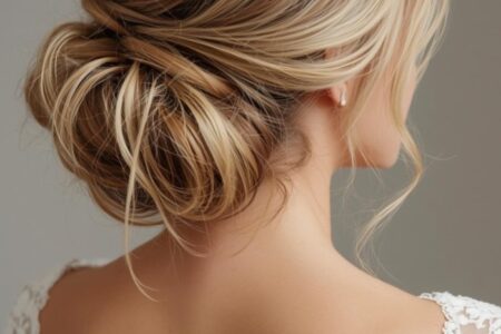 Bride with soft textured updo and loose tendrils