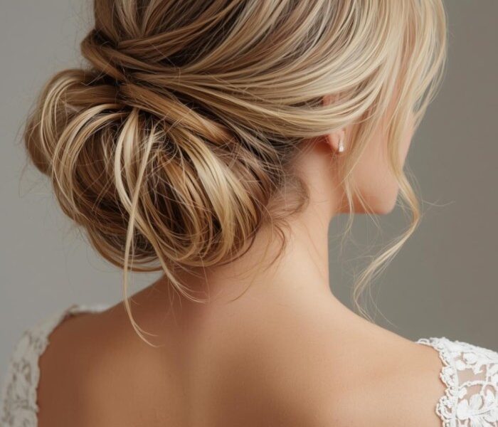 Bride with soft textured updo and loose tendrils