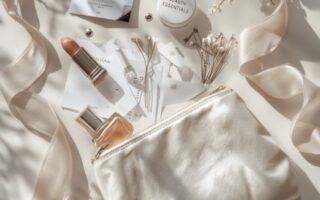 Wedding day emergency kit with bridal beauty essentials laid out in a bag