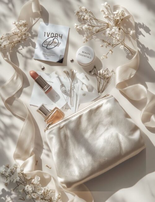 Wedding day emergency kit with bridal beauty essentials laid out in a bag