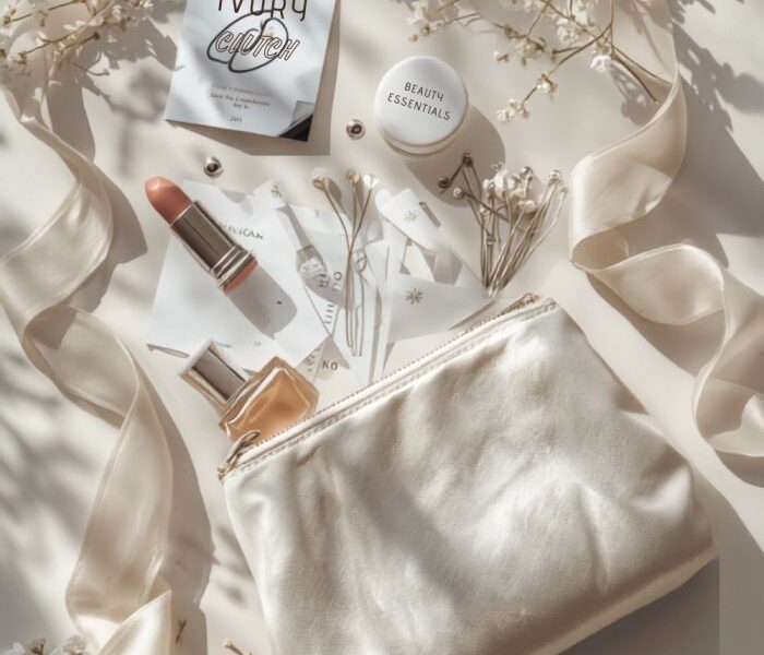 Wedding day emergency kit with bridal beauty essentials laid out in a bag